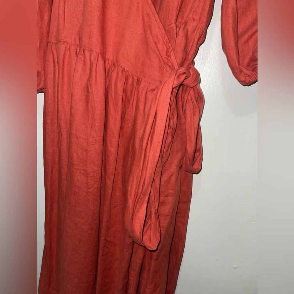 Women's Rust Wrap Midi Dress with Puff Sleeves - Picture 4 of 14